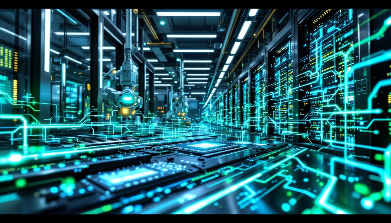 미래 지향적인 반도체 제조 공장에서 최첨단 기계들이 고대역폭 메모리(HBM) 칩을 생산하는 모습, AI 서버와 데이터센터의 빠른 성장과 첨단 기술을 시각적으로 표현한 이미지