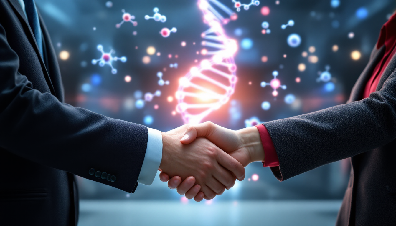 한국 바이오 기업 간 3.8조원 규모의 플랫폼 기술 라이선스 아웃 계약을 상징하는 과학자들의 손 맞잡음과 DNA 분자 구조