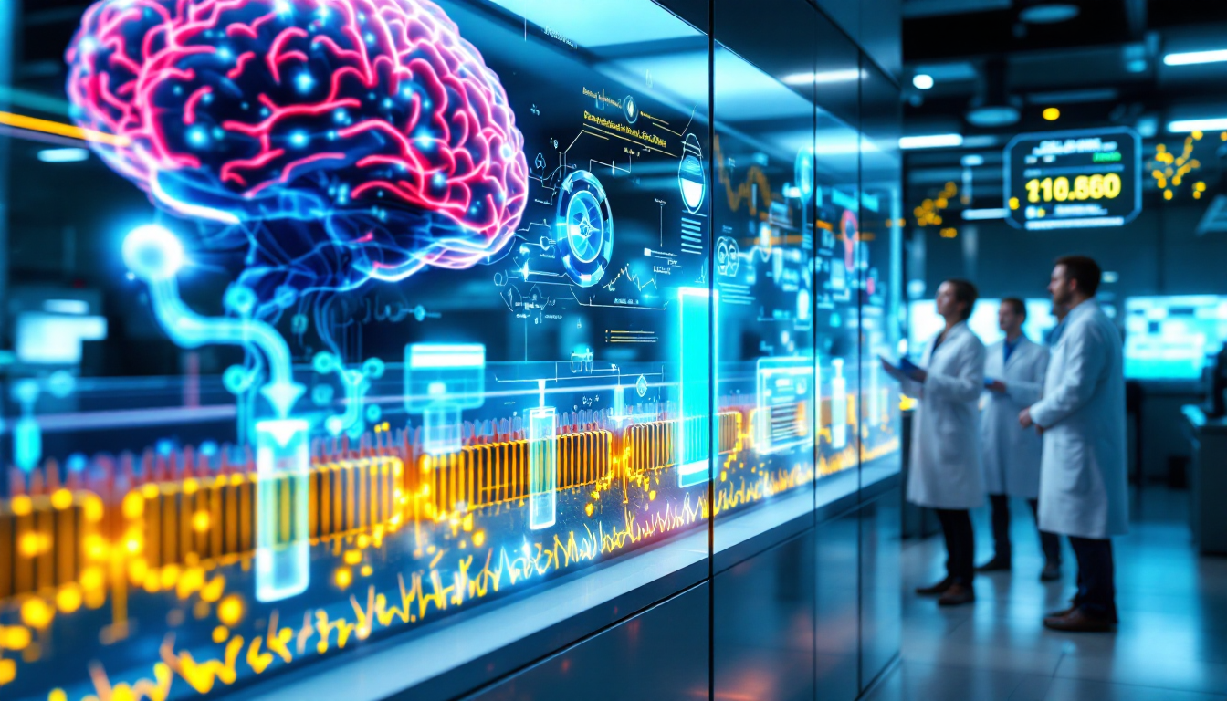 혈뇌장벽을 통과하는 치료용 항체 전달 셔틀 메커니즘과 알츠하이머, 파킨슨 치료제 개발을 나타내는 첨단 바이오 기술 이미지