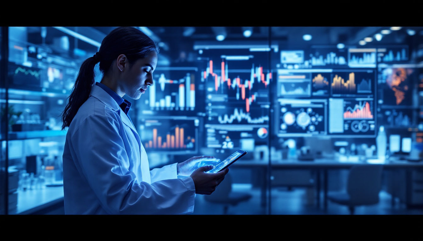 글로벌 제약사와 협력하는 면역항암제 연구를 나타내는 실험실과 디지털 차트 이미지