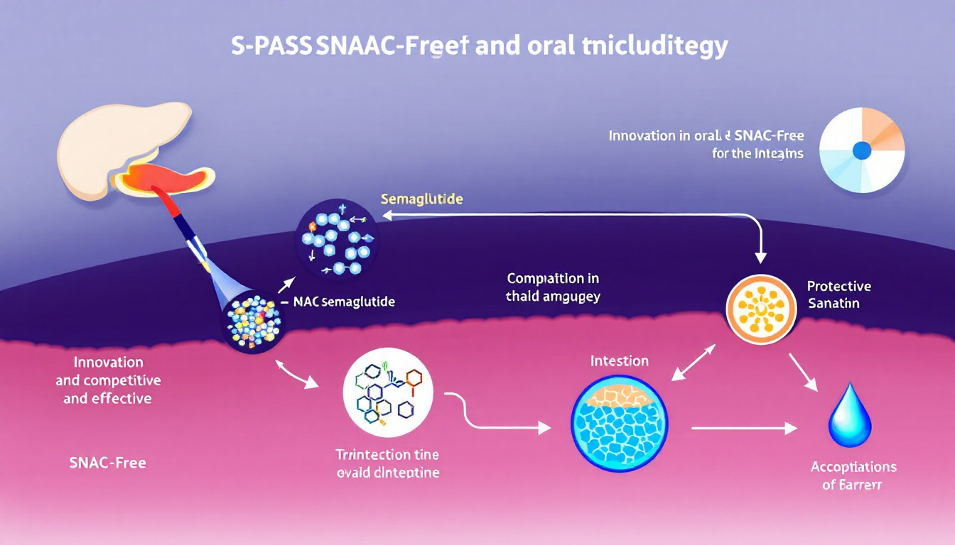 삼천당제약의 S-PASS 플랫폼 기술로 경구용 세마글루타이드가 위산과 소화효소로부터 보호받아 흡수되는 메커니즘의 과학적 일러스트 이미지