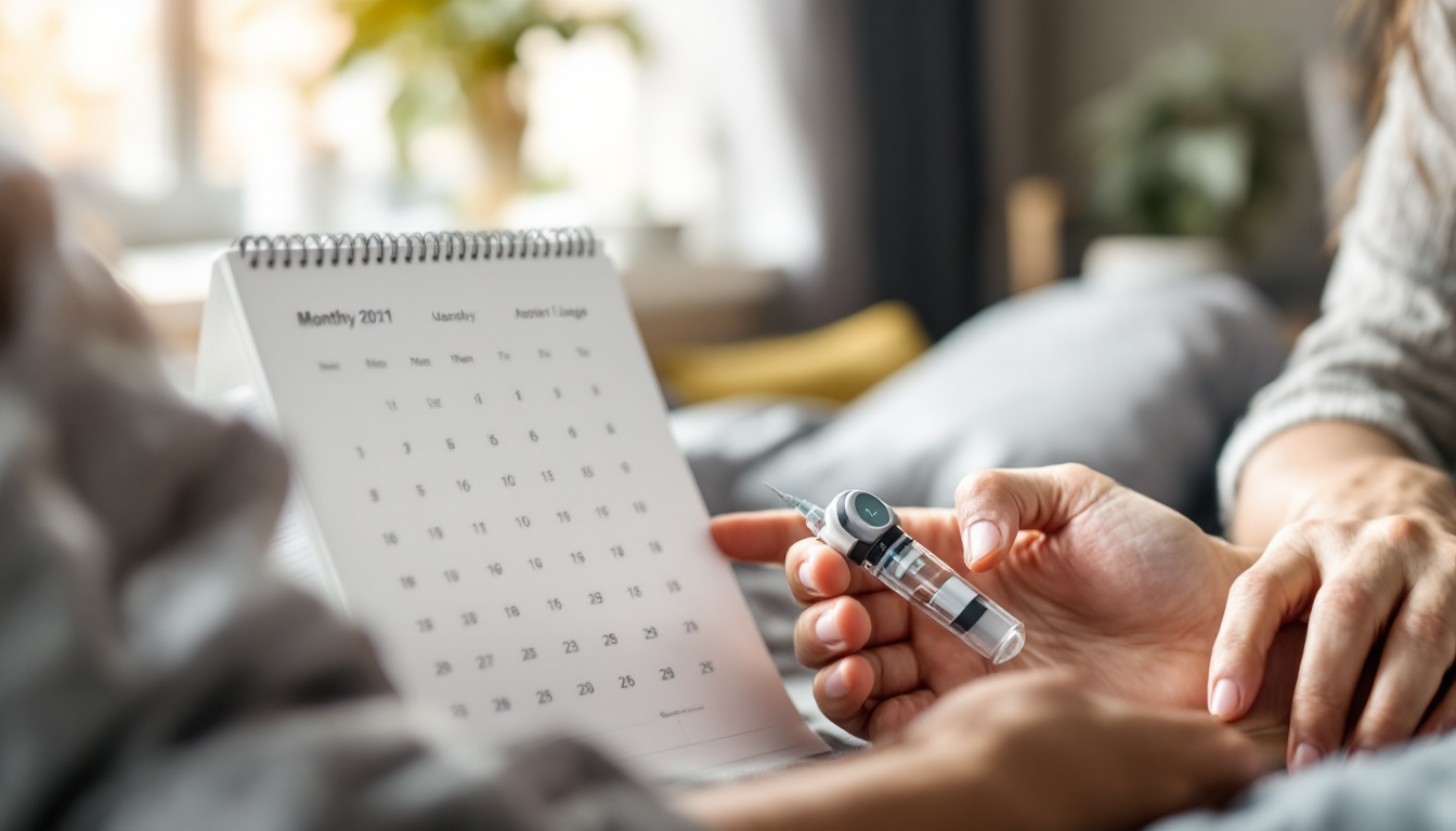 월 1회 투여가 가능한 펩트라이드 주사제용 오토인젝터를 편리하게 사용하는 환자의 모습