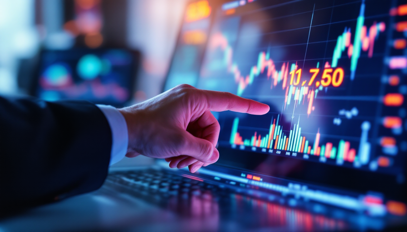 오전 10시 이전 주가 하락 후 상승 반등과 거래량 증가를 나타내는 주식 차트와 이를 바라보는 트레이더의 손을 실사 스타일로 표현한 이미지