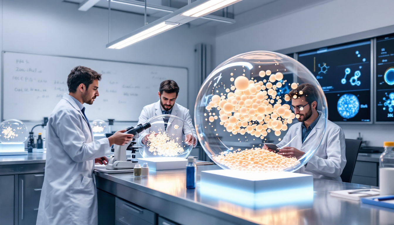 PLGA 마이크로스피어 기술을 연구하는 현대적인 제약 실험실 장면