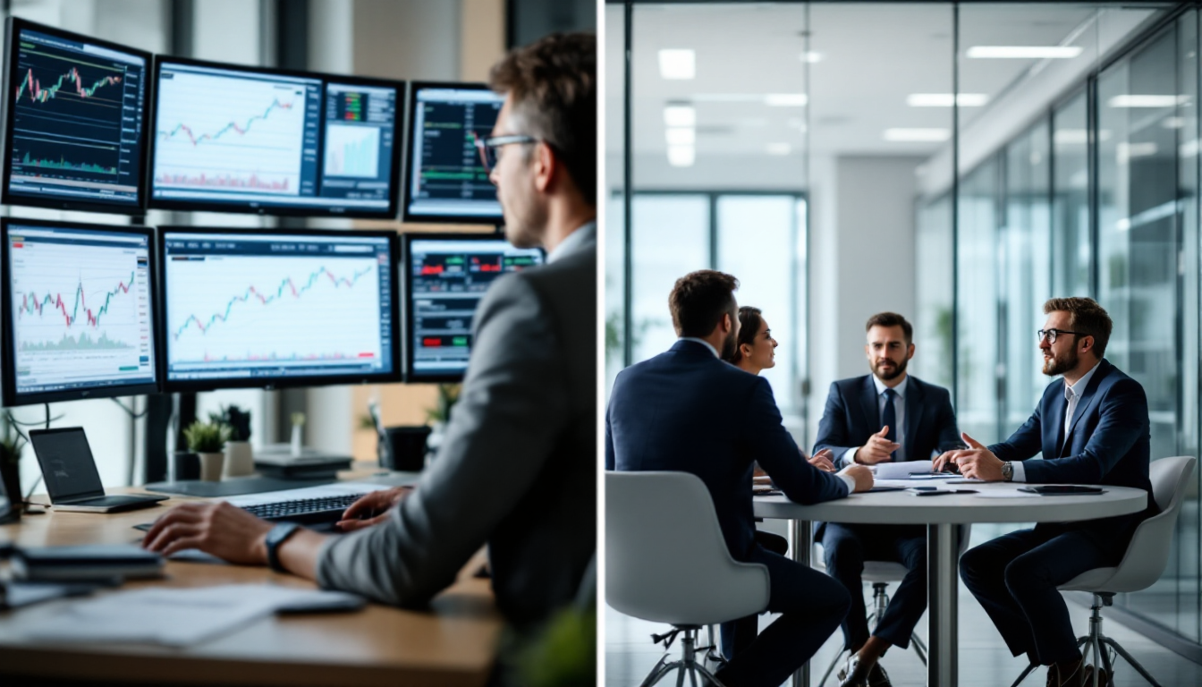 개인 투자자와 기관 투자자들이 각각 다른 전략을 검토하는 모습의 전문가 투자 환경 이미지