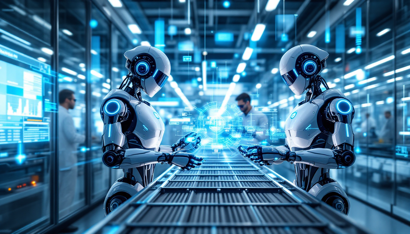 스마트팩토리에서 물리적 AI 기술과 인간 작업자가 협력하는 첨단 협동로봇의 모습