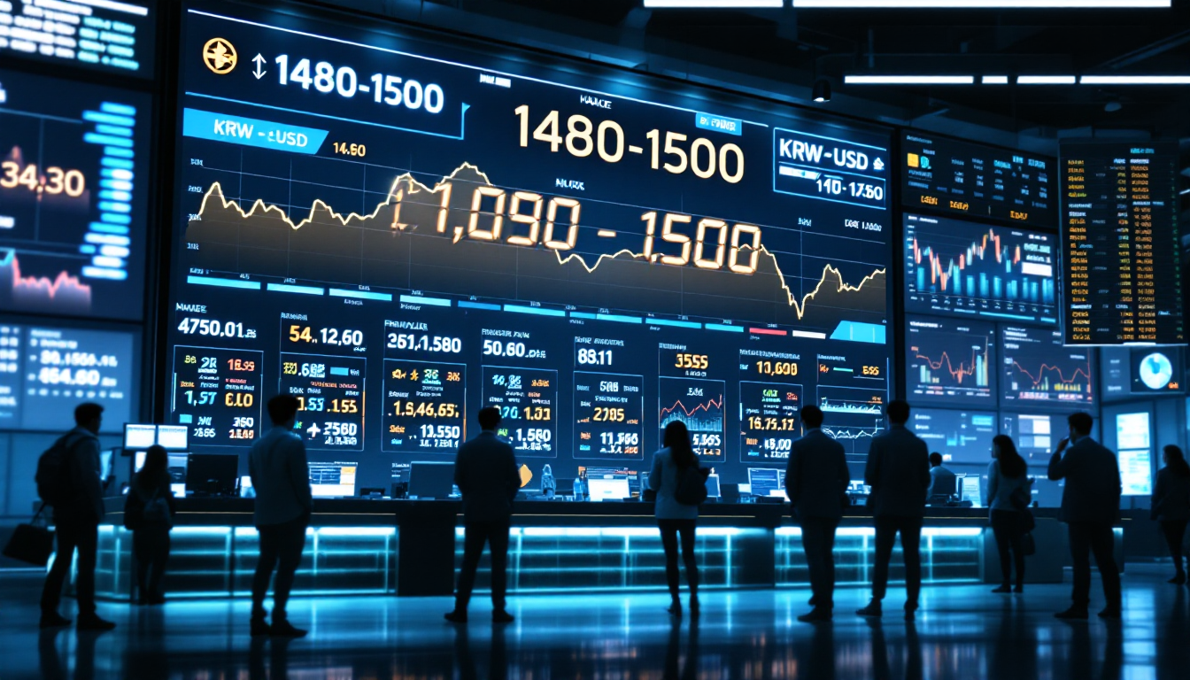 2025년 환율이 1480원에서 1500원 사이에서 변동하는 모습을 보여주는 금융 거래소 현장과 고민하는 한국 투자자들