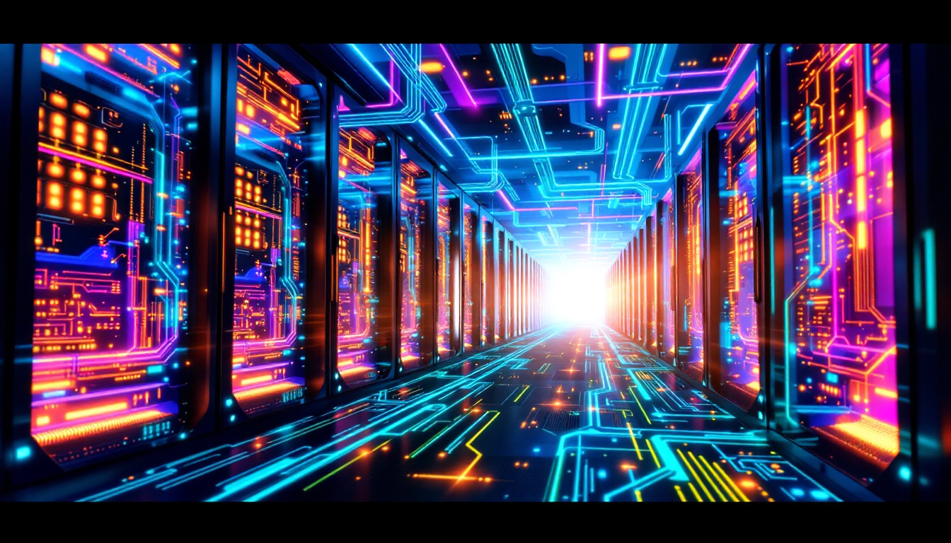 로봇과 데이터센터에서 고속 데이터 전송을 시각화하여 AI 회로박의 중요성과 미래 성장 가능성을 표현한 이미지