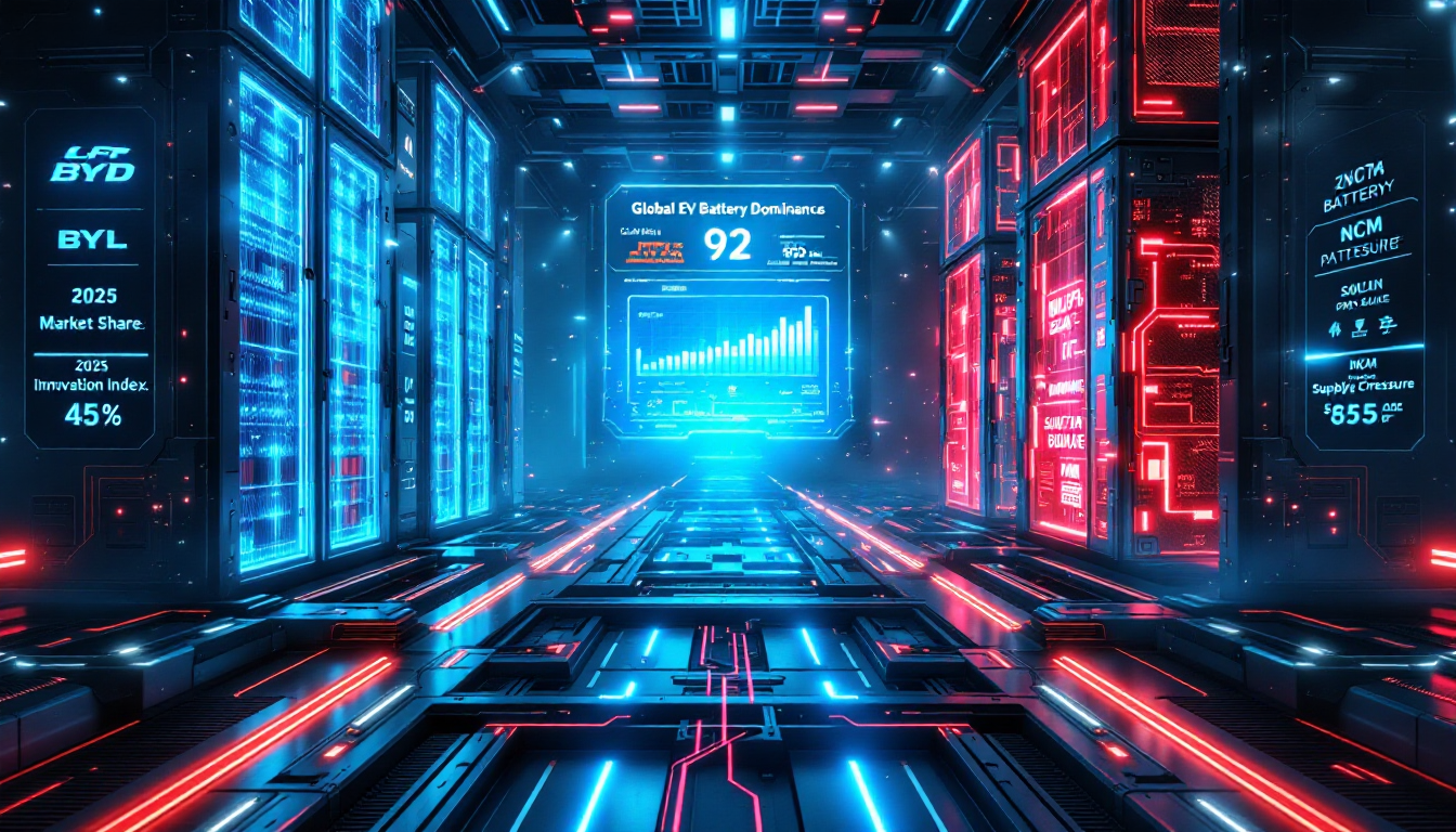 2025년 글로벌 전기차 배터리 시장에서 중국 LFP 배터리가 압도적인 시장 점유율로 국내 NCM 배터리 기업들과 경쟁하는 상황을 상징적으로 표현한 이미지