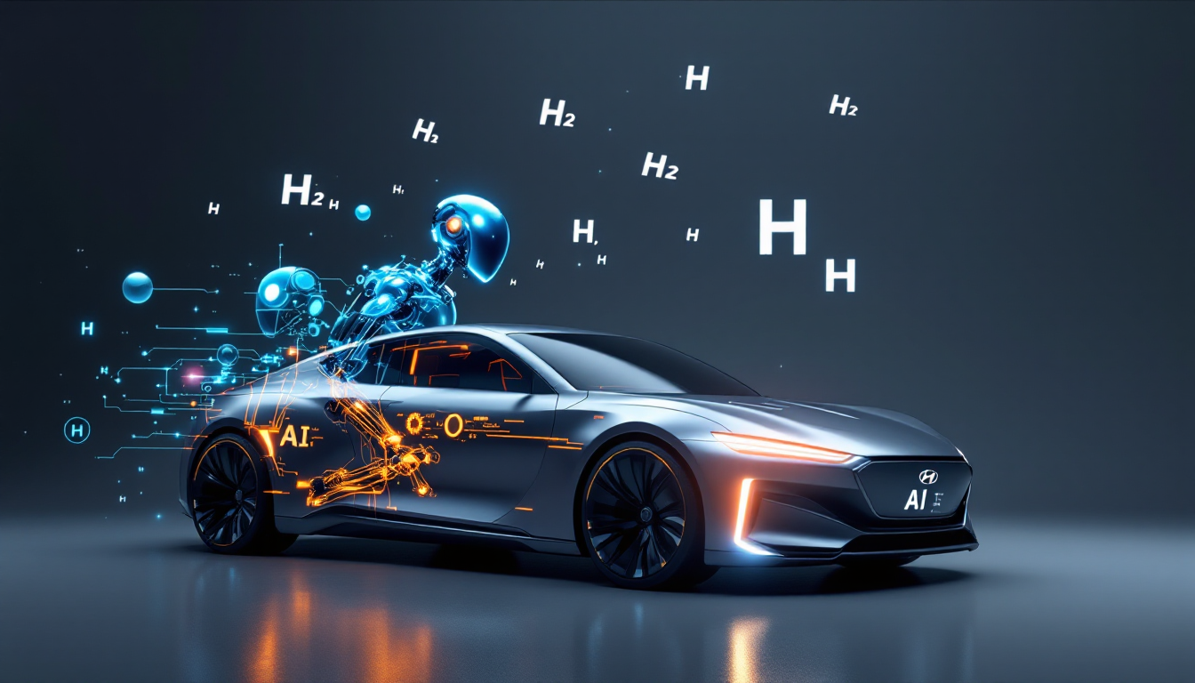 현대자동차가 자동차 제조사를 넘어 AI 모빌리티 기업이자 수소 경제 중심으로 진화하는 모습을 시각화한 이미지