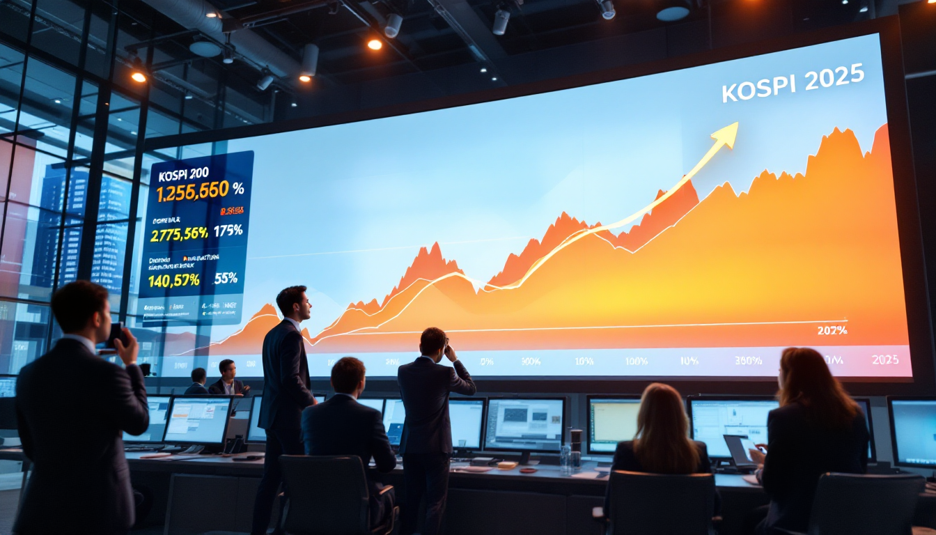국민연금의 국내 주식 비중 확대와 코스피 200 지수를 보여주는 금융시장 디스플레이의 실사 이미지