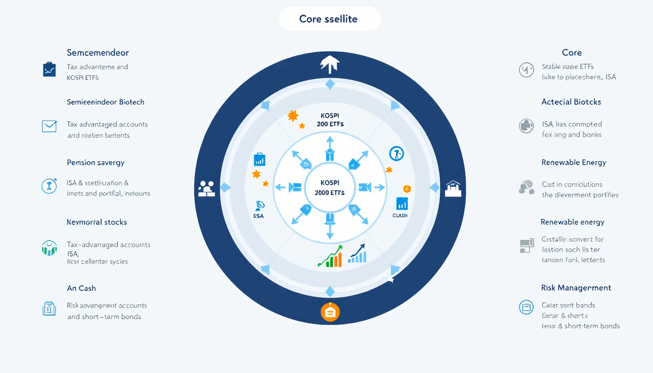 개인 투자자를 위한 코어-새틀라이트 전략과 다양한 투자 자산으로 구성된 포트폴리오 시각화 이미지