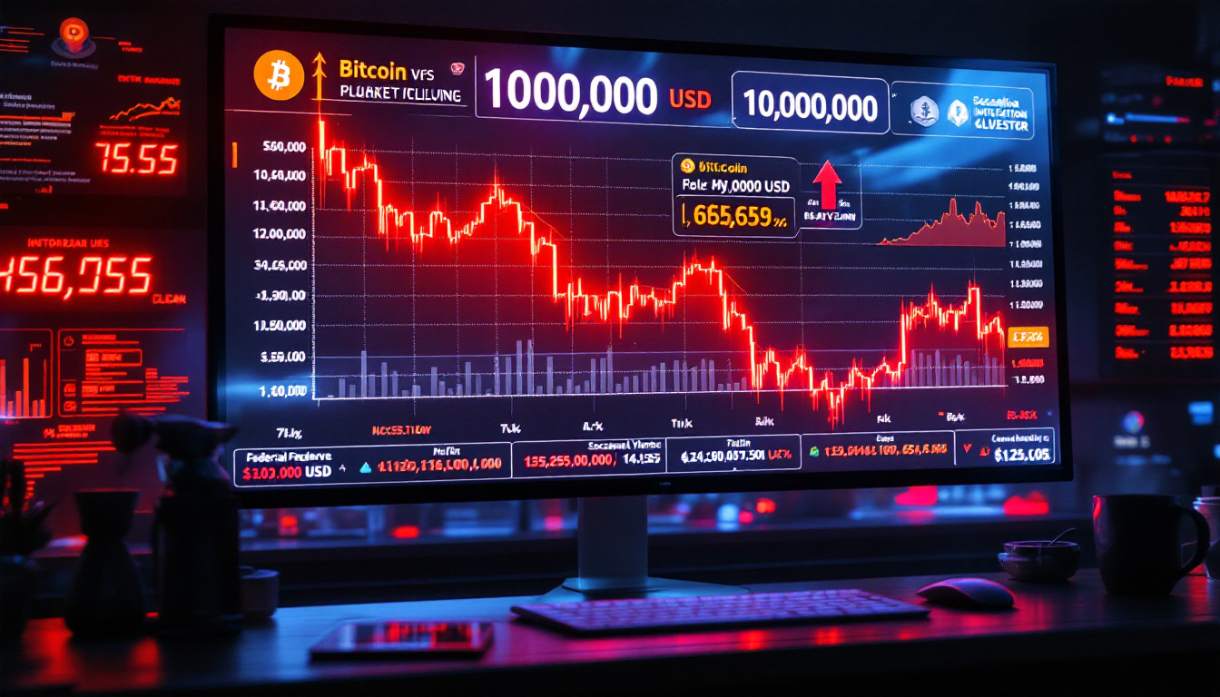 2025년 11월 코인 시세 급락을 보여주는 디지털 화면과 거시경제, 지정학적 긴장 및 기술적 붕괴를 시사하는 시각적 요소